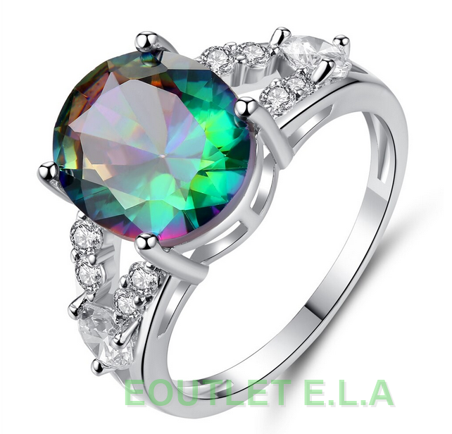 12x10mm RAINBOW CZ WHITE GOLD DRESS RING-size 9